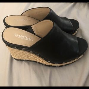 Charles David Black Leather Wedges
